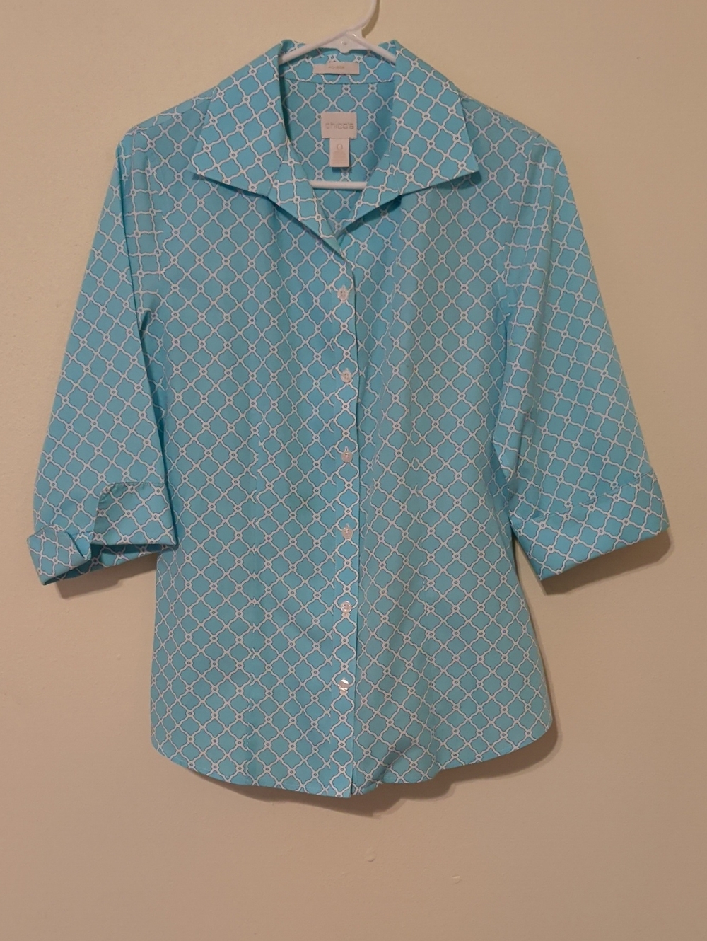 Chico's Blue and White Lattice Button-Front Blouse